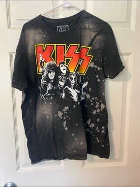 Vintage Kiss Black Tee with Red and Yellow Logo and White Band Portrait
